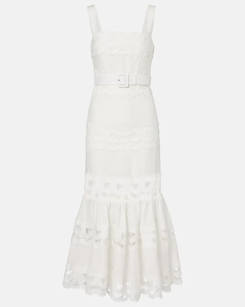 Self-Portrait Midikleid aus Leinen und Baumwolle mit Spitze Weiß