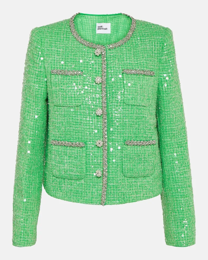 Self-Portrait Jacke aus Bouclé mit Pailletten Grün
