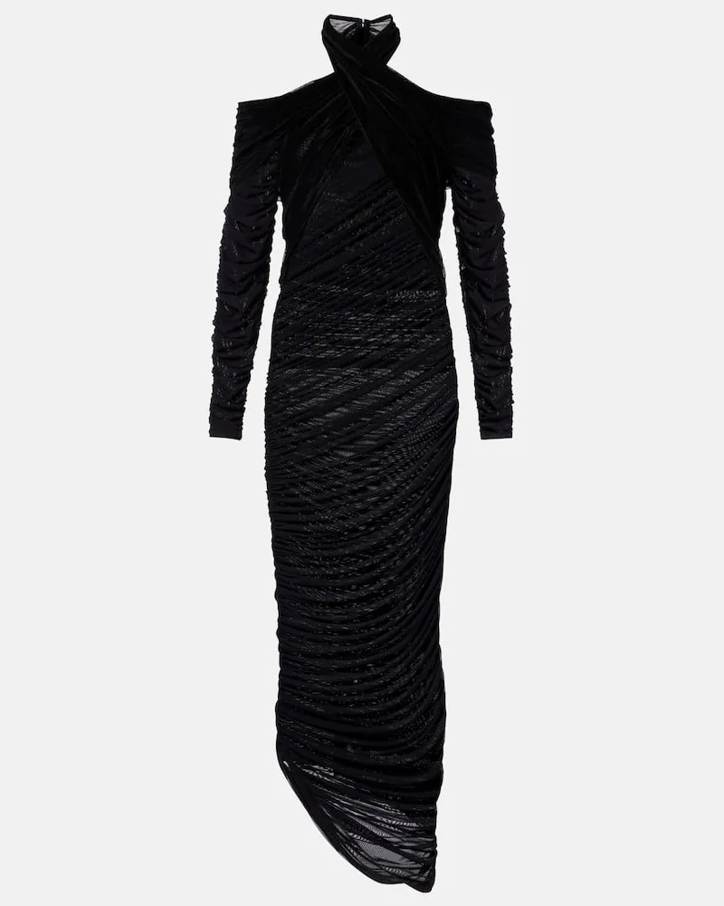 Thierry Mugler Maxikleid aus Mesh und Samt Schwarz