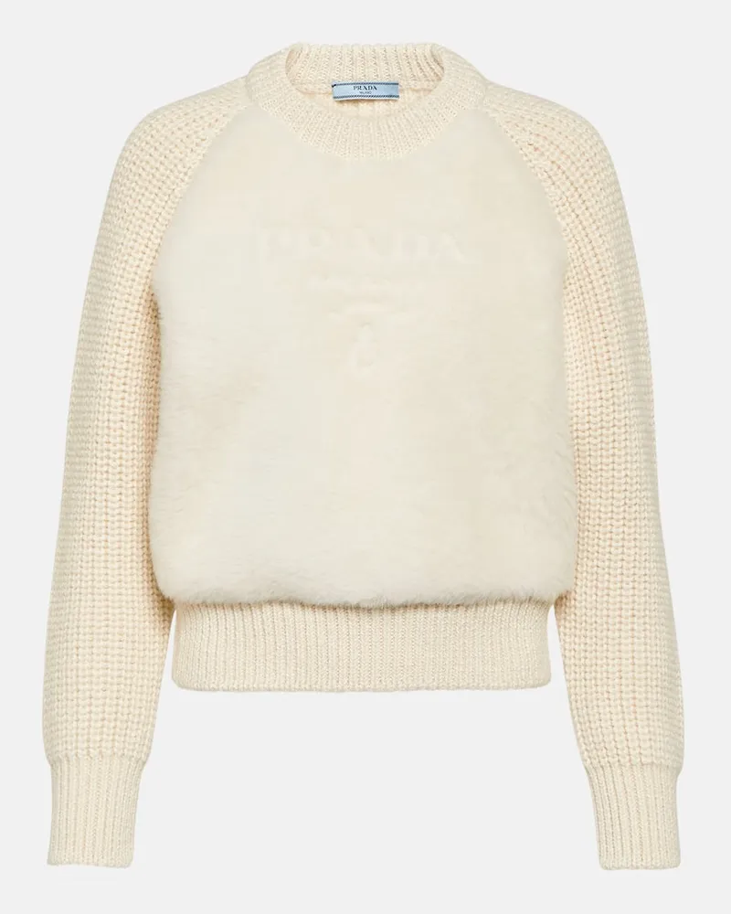 Prada Pullover aus Alpakawolle mit Shearling Weiß