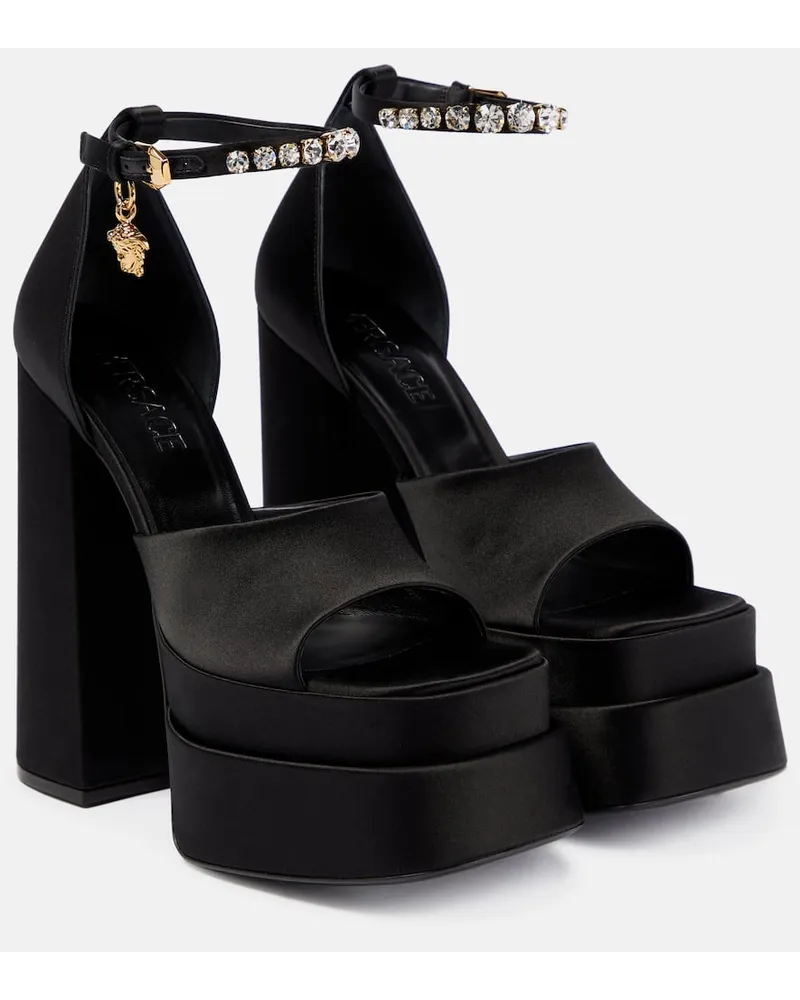 Versace Plateausandalen Medusa Aevitas aus Satin Schwarz