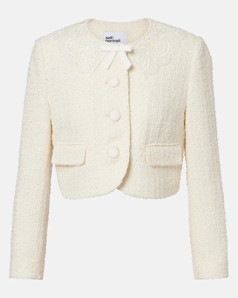 Self-Portrait Jacke aus Bouclé mit Spitze Weiß