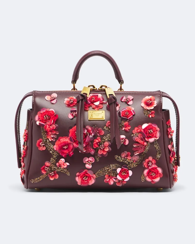 Dolce & Gabbana Verzierte Henkeltasche Vittoria Medium aus Leder Burgunderrot