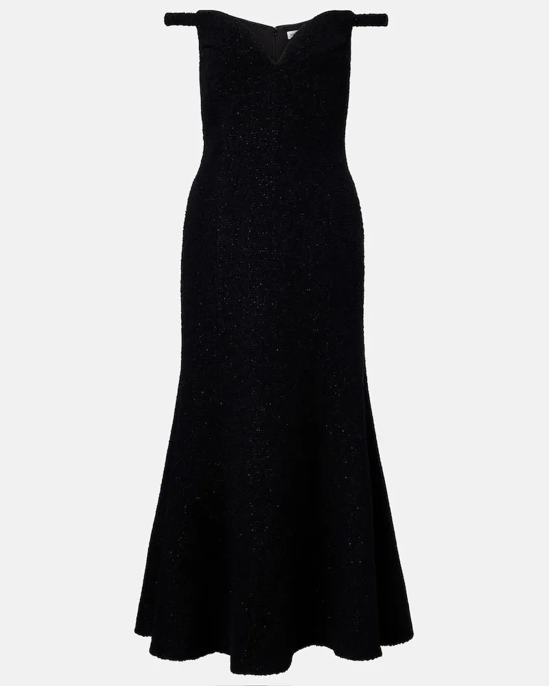 Self-Portrait Off-Shoulder-Midikleid aus Bouclé Schwarz