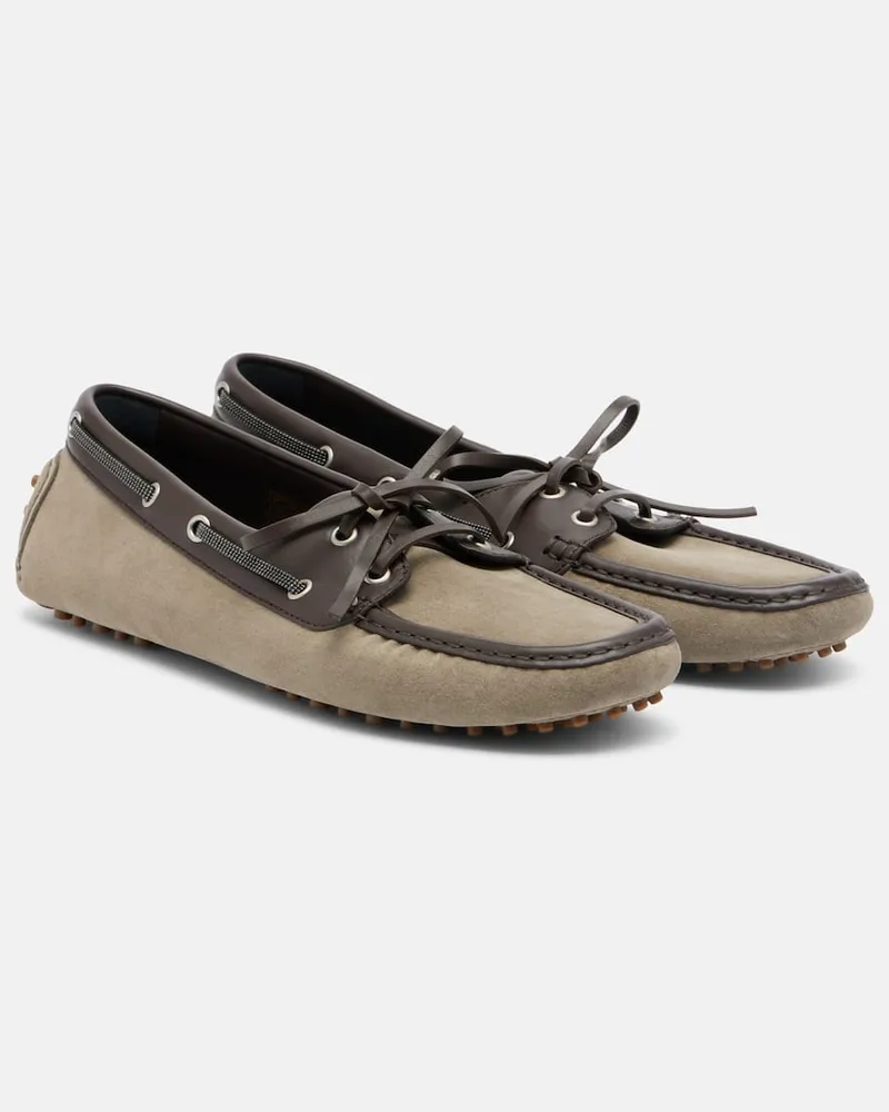 Brunello Cucinelli Segelschuhe Monili aus Veloursleder mit Leder Beige
