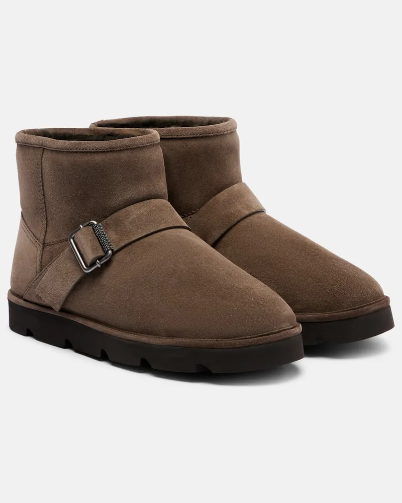 Brunello Cucinelli Ankle Boots aus Veloursleder mit Shearling Braun