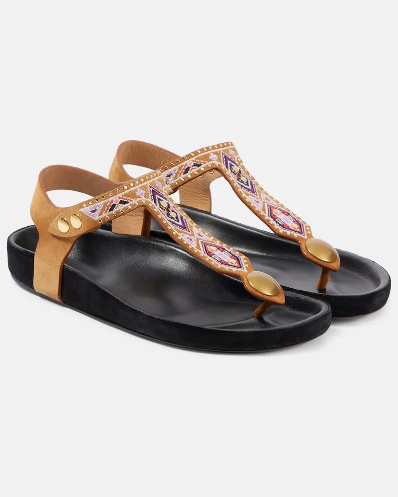 Isabel Marant Bestickte Sandalen Enore aus Veloursleder Braun