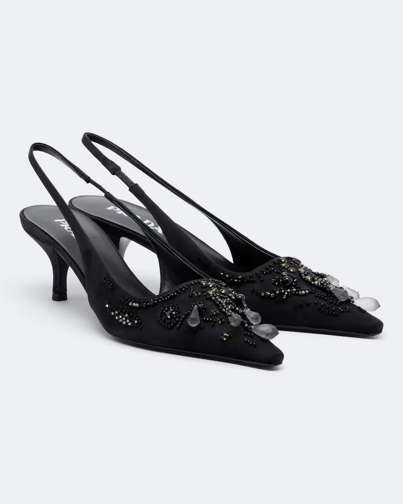 Prada Verzierte Slingback-Pumps aus Satin Schwarz