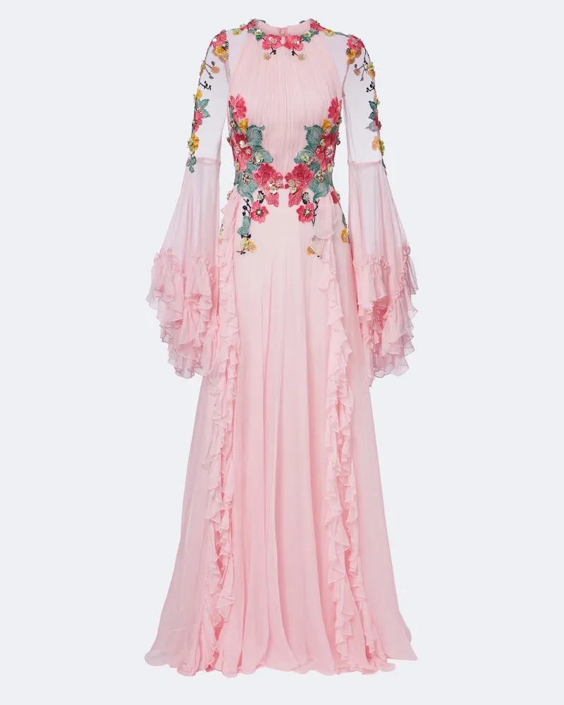 COSTARELLOS Verzierte Robe aus Seide mit Blumenapplikationen Rosa