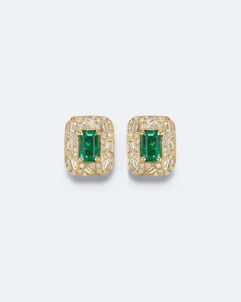 Suzanne Kalan Ohrringe Halo Portrait aus 18kt Gelbgold mit Diamanten und Smaragden Gold
