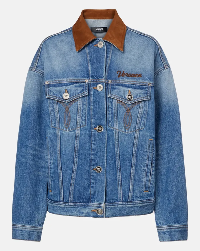 Versace Jeansjacke Trucker mit Veloursleder Blau