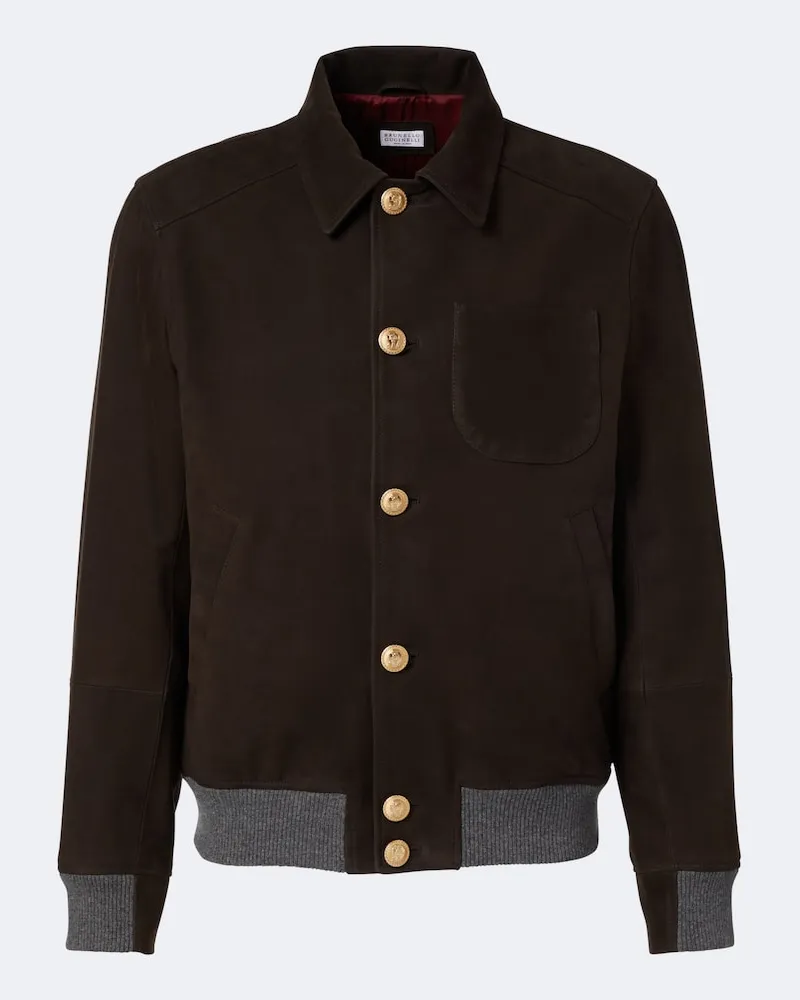 Brunello Cucinelli Blouson aus Leder mit Kaschmir Braun