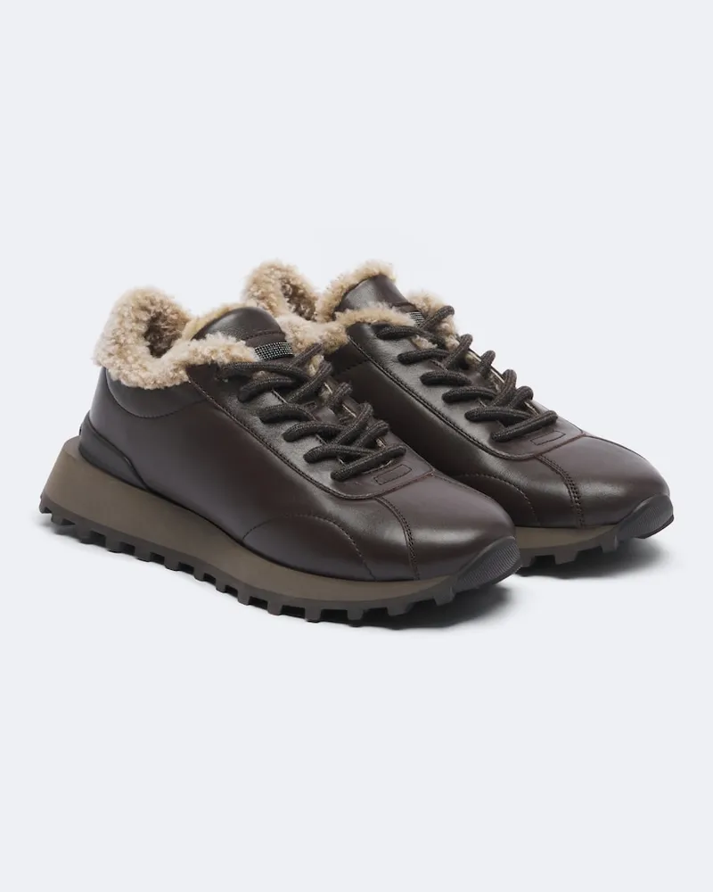 Brunello Cucinelli Sneakers Monili aus Leder mit Shearling Braun