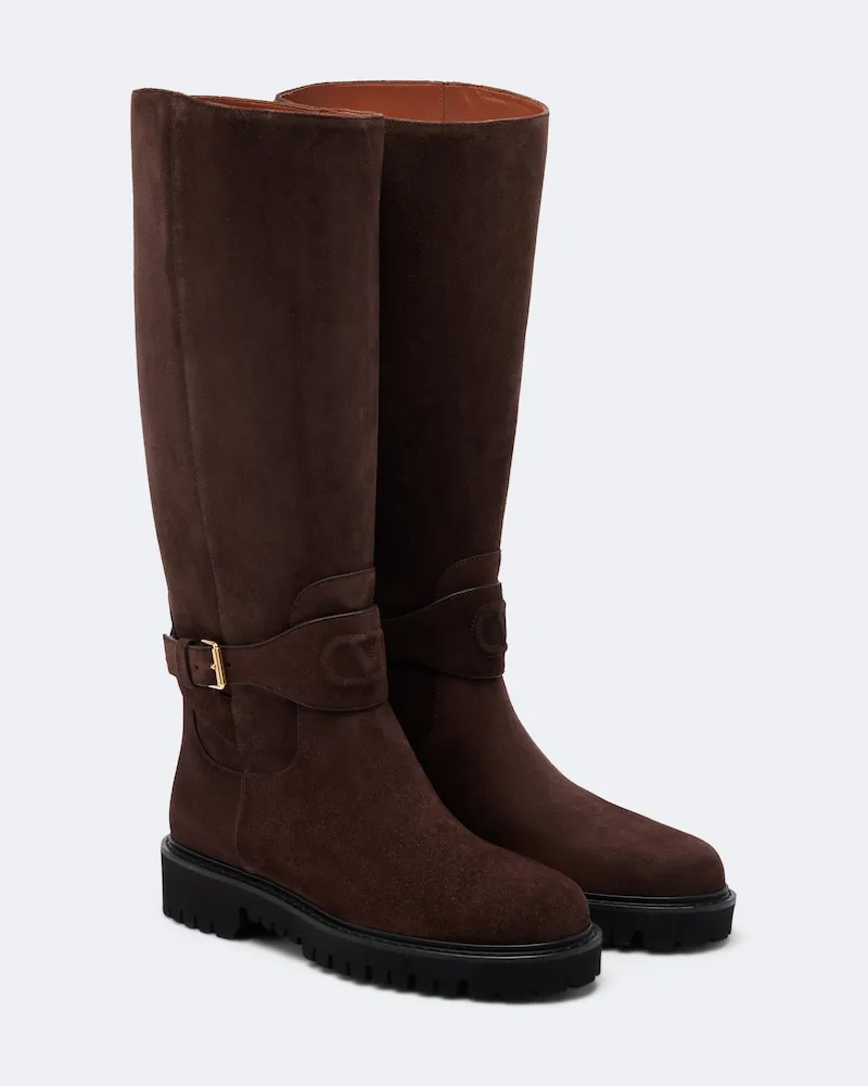 Valentino Garavani Kniehohe Stiefel VLogo aus Veloursleder Braun