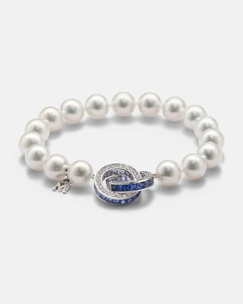 Mikimoto Armband aus Akoyaperlen mit 18kt Weißgold, Diamanten und Saphiren Silber