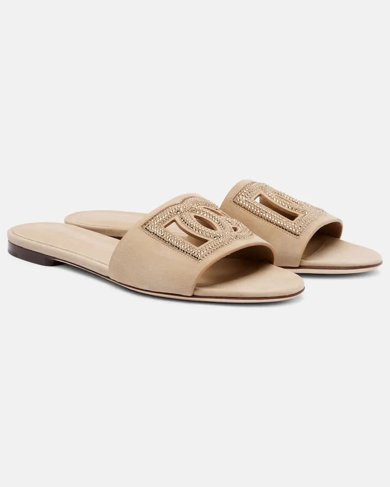 Dolce & Gabbana Verzierte Pantoletten DG aus Veloursleder Beige