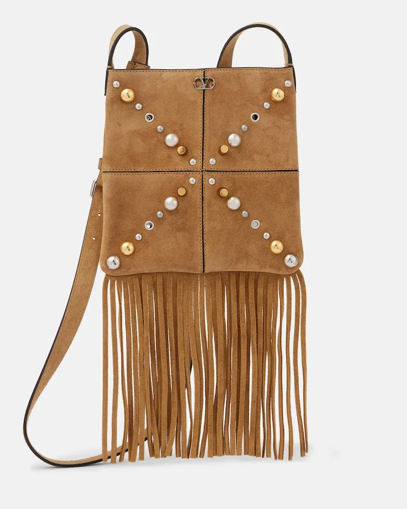 Valentino Garavani Schultertasche Nellcôte Small aus Veloursleder Braun