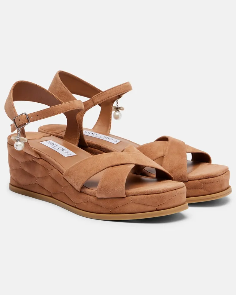 Jimmy Choo Wedge-Sandalen Astra 60 aus Veloursleder Braun