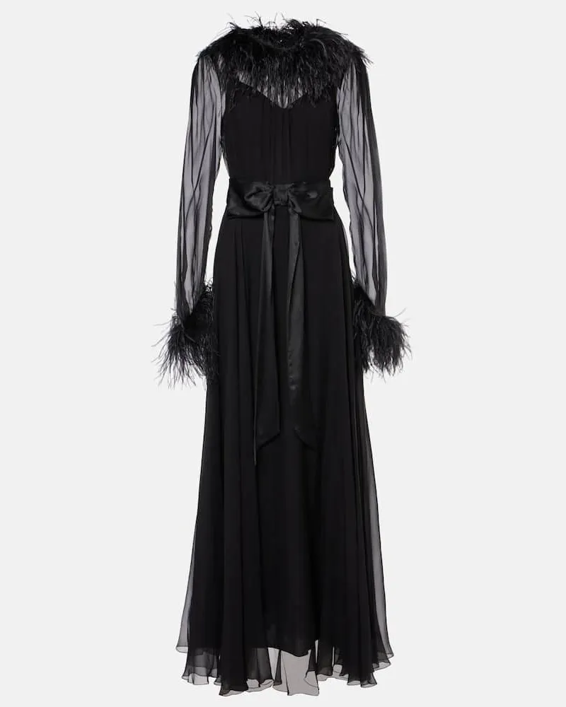 Dolce & Gabbana Robe aus Seidenchiffon mit Federn Schwarz