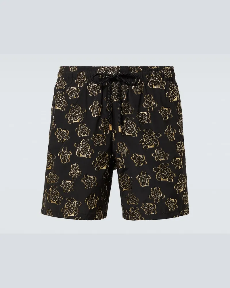 Vilebrequin Bestickte Badeshorts aus Jacquard Schwarz