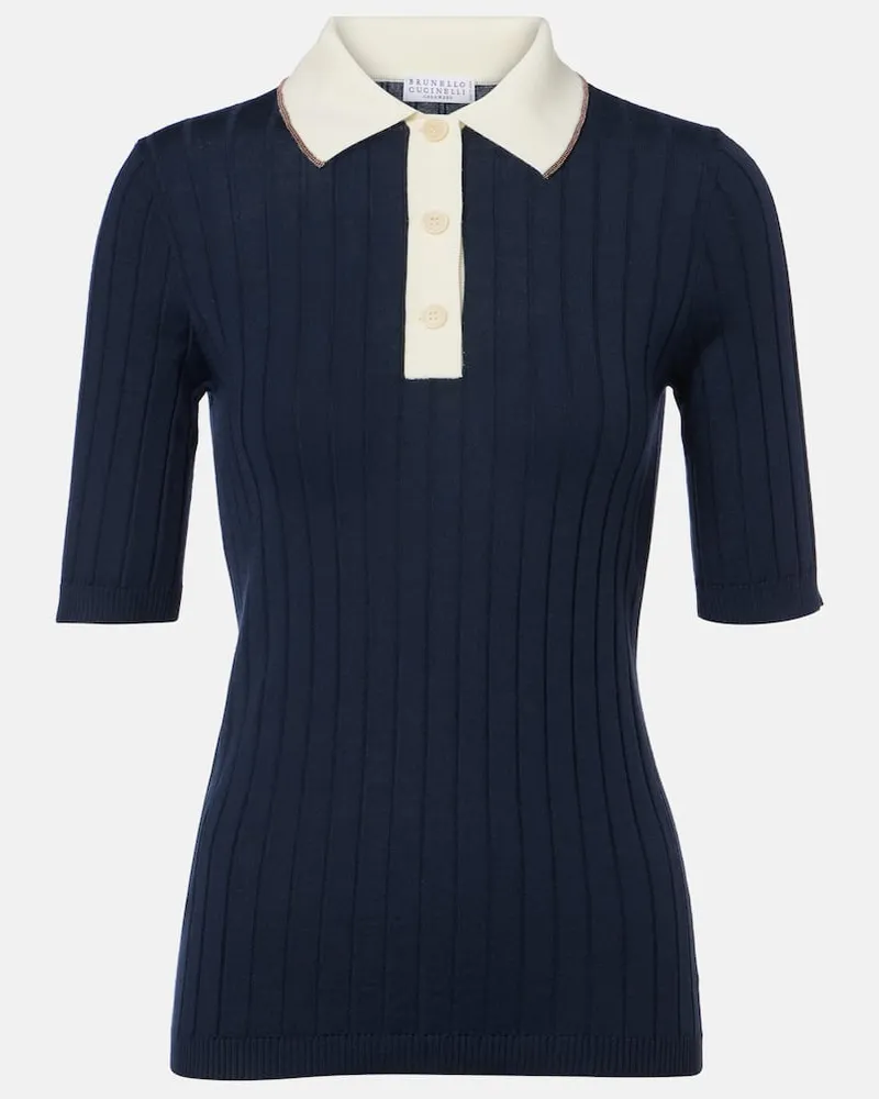 Brunello Cucinelli Polopullover Monili aus Wolle und Kaschmir Blau