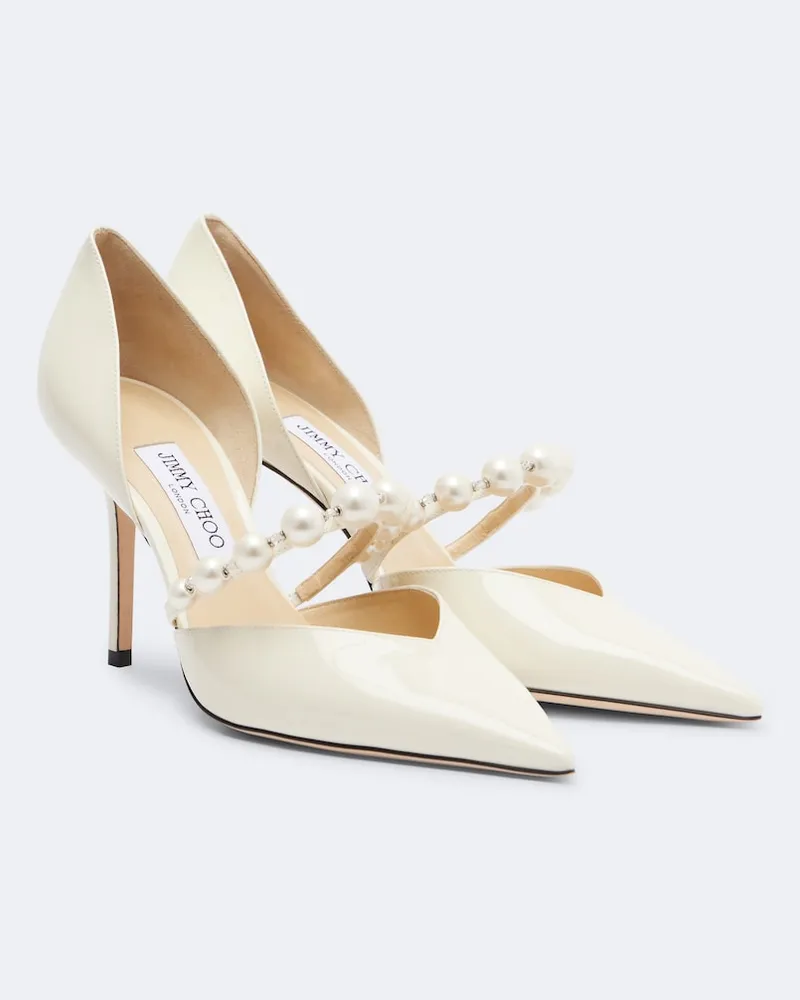 Jimmy Choo Pumps Aurelie 85 aus Lackleder mit Zierperlen Weiß