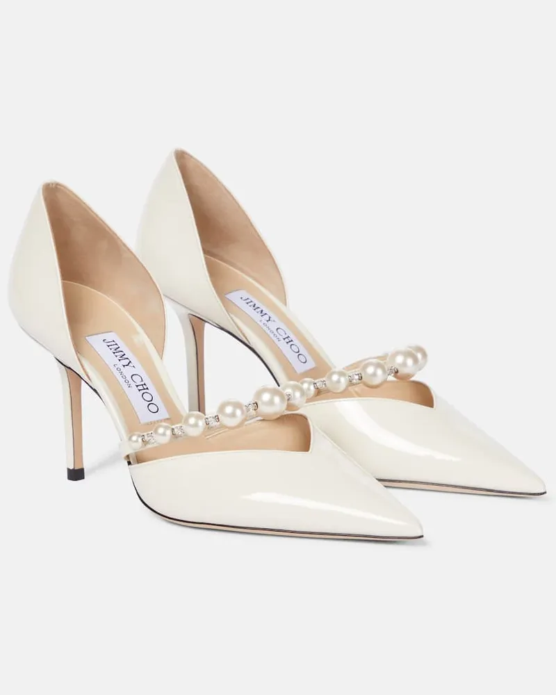 Jimmy Choo Pumps Aurelie 85 aus Lackleder mit Zierperlen Weiß