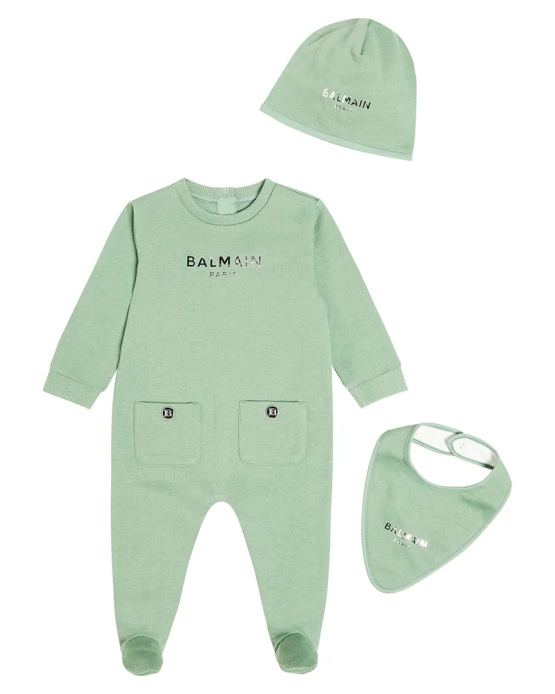 Balmain Baby Set aus Strampler, Mütze und Lätzchen Grün