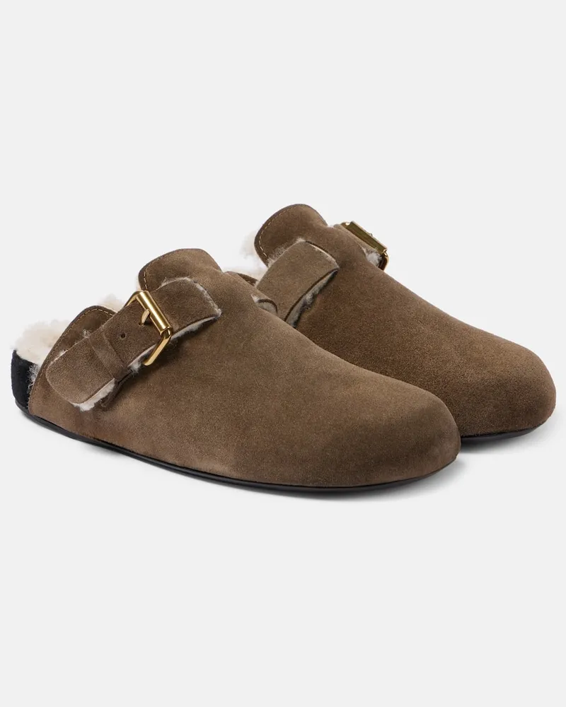 Isabel Marant Slippers Mirvin aus Veloursleder mit Shearling Braun
