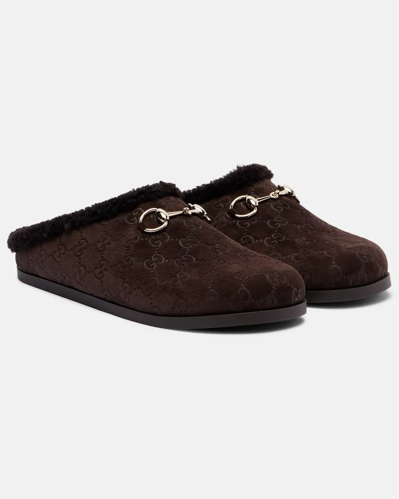 Gucci Slippers New Sol GG Horsebit aus Veloursleder Braun