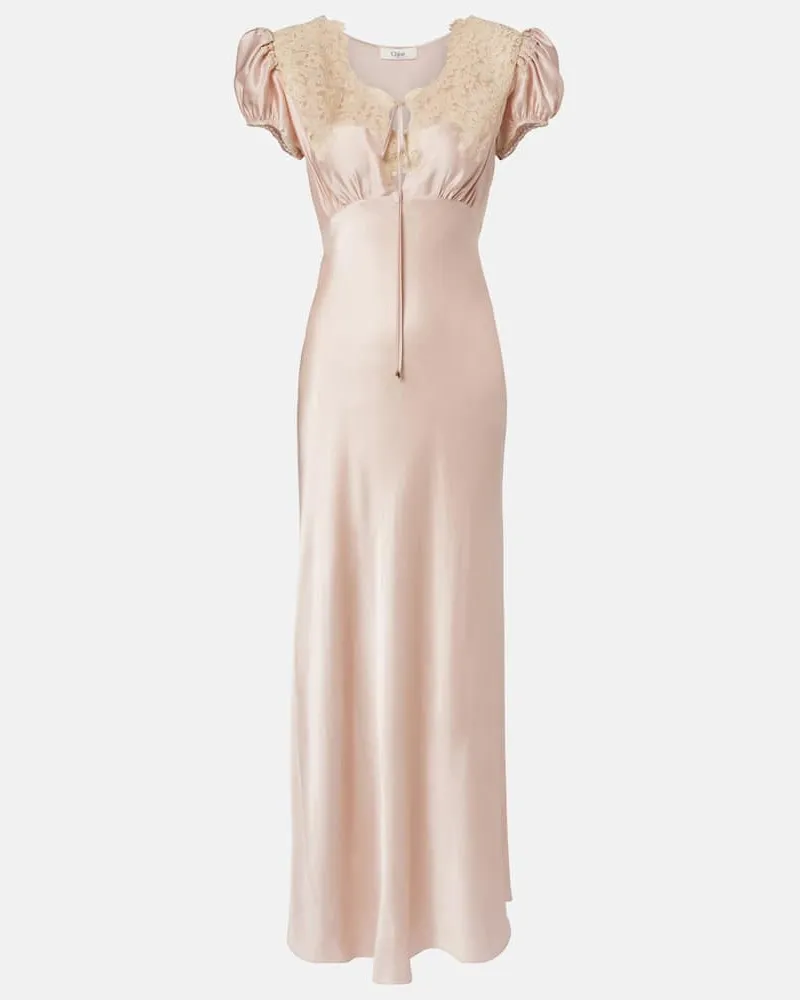 Chloé Chloé Maxikleid aus Seidensatin mit Spitze Rosa