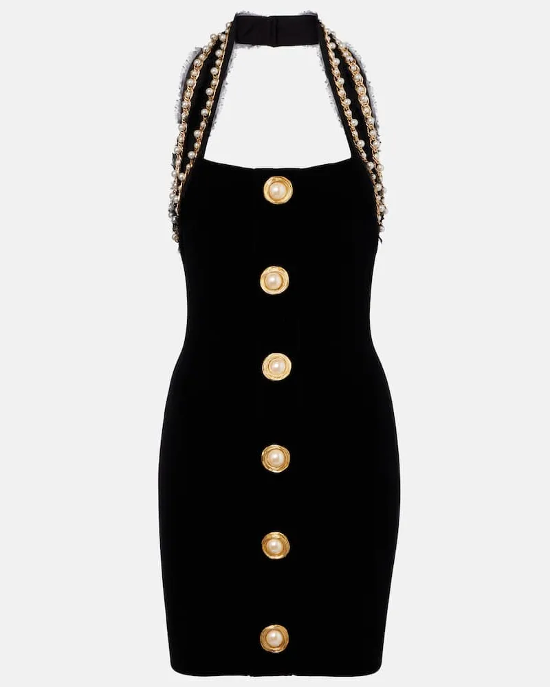 Balmain Minikleid aus Samt mit Zierperlen Schwarz
