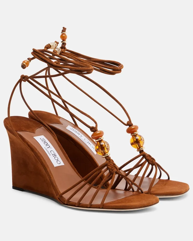 Jimmy Choo Verzierte Wedge-Sandalen Lova aus Veloursleder Braun