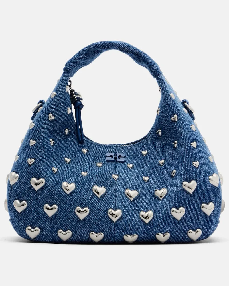Ganni Verzierte Henkeltasche Mini aus Denim Blau