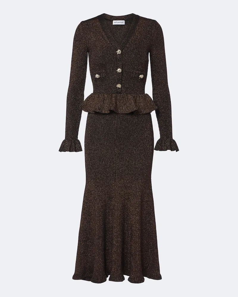 Self-Portrait Midikleid aus Rippstrick mit Lurex Braun