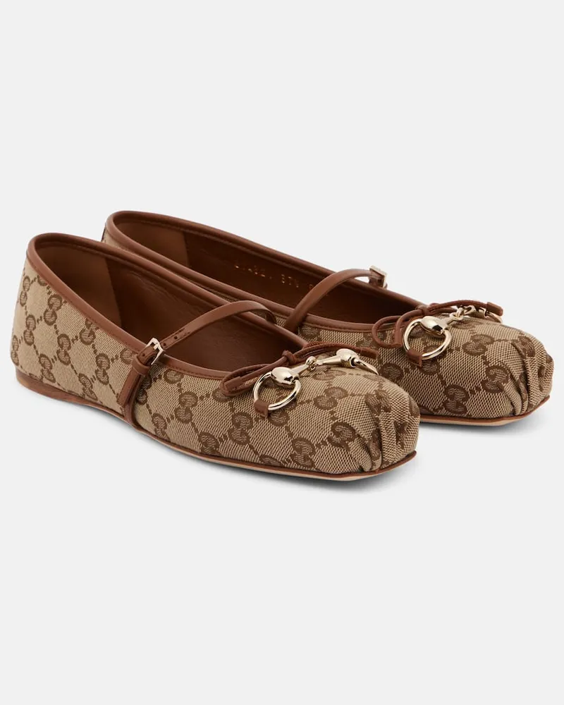 Gucci Ballerinas Gucci Horsebit GG aus Canvas Nude