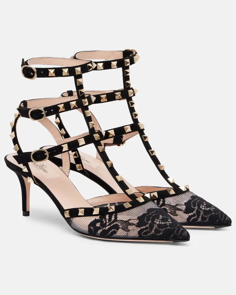Valentino Garavani Pumps Rockstud aus Spitze mit Veloursleder Schwarz