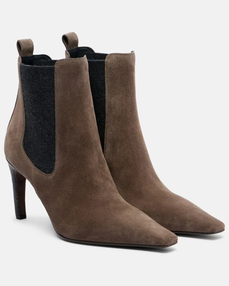 Brunello Cucinelli Ankle Boots Chelsea Monili aus Veloursleder Braun