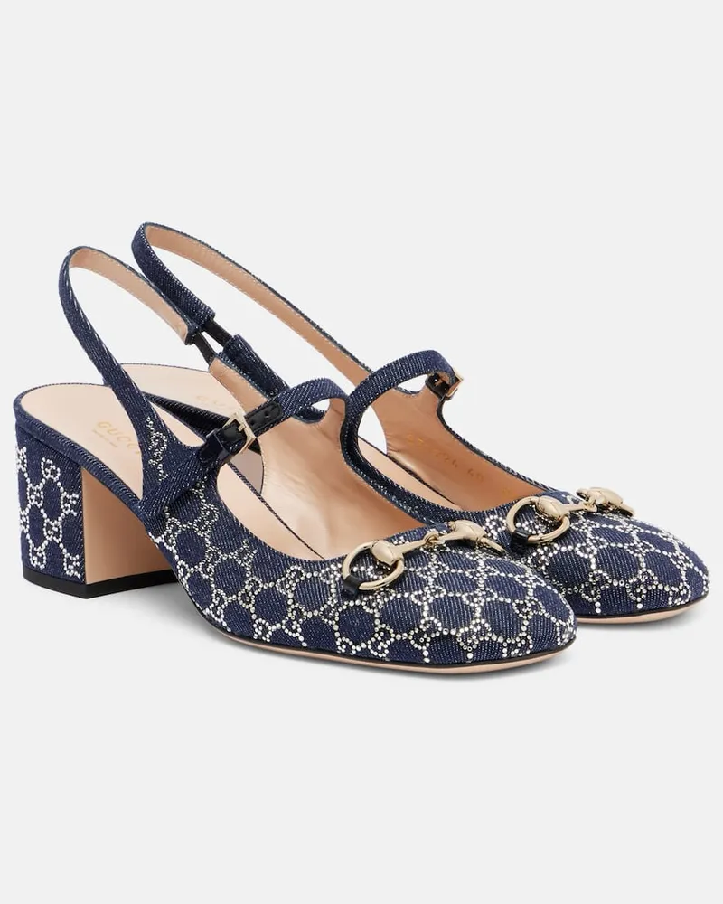 Gucci Slingback-Pumps Lady Horsebit mit Kristallen Blau