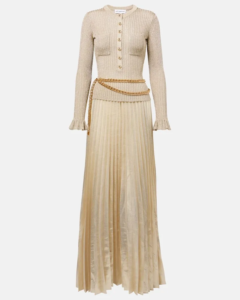 Self-Portrait Verziertes Maxikleid aus Rippstrick und Lamé Gold