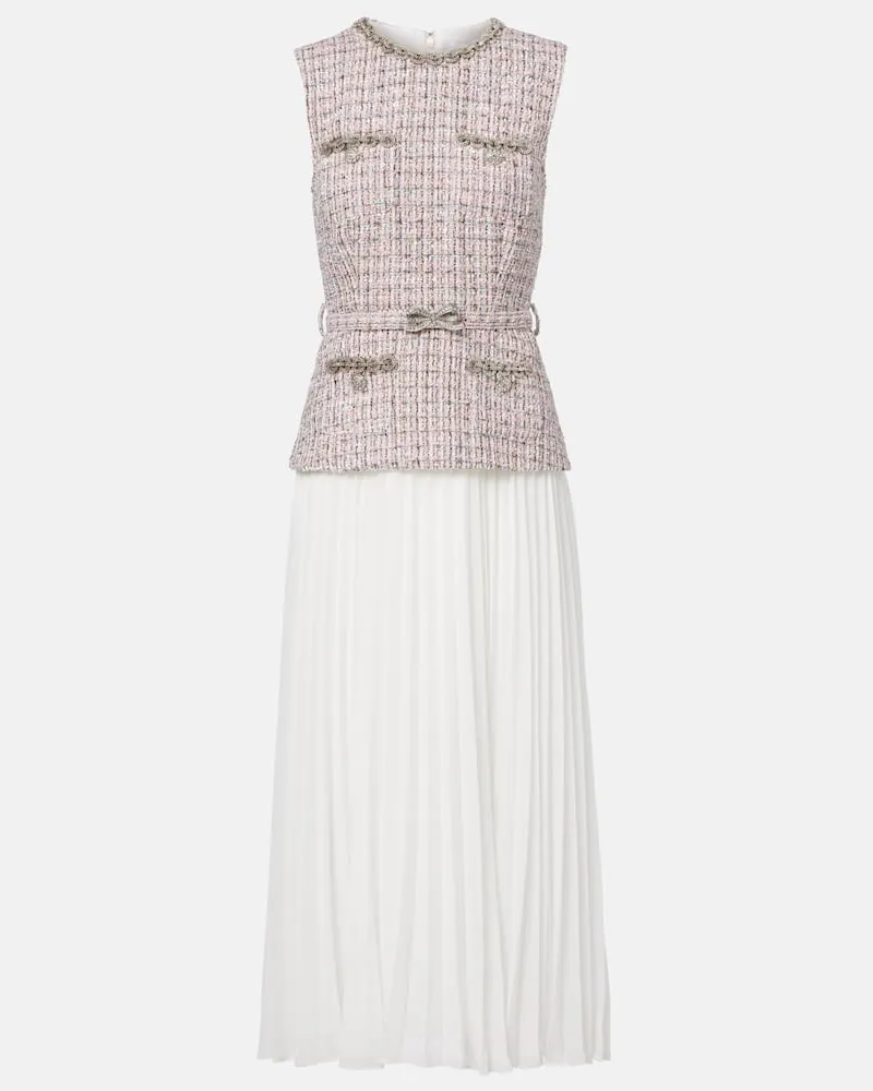 Self-Portrait Midikleid aus Bouclé und Chiffon mit Kristallen Pink