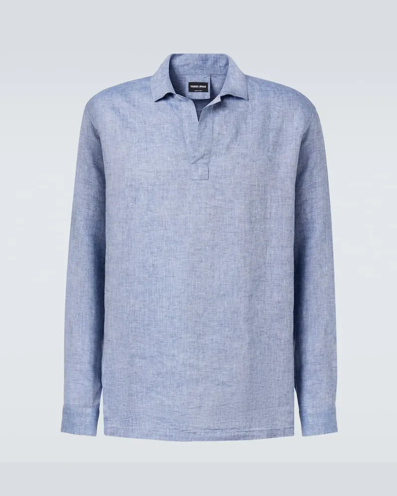 Giorgio Armani Polohemd aus Leinen-Canvas Blau