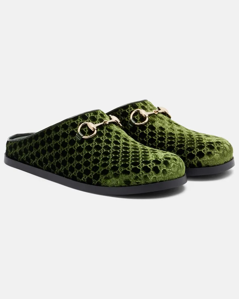 Gucci Slippers Horsebit GG aus Samt Grün