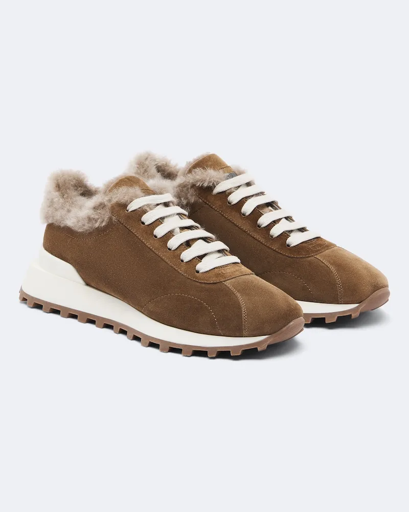 Brunello Cucinelli Sneakers Monili aus Veloursleder mit Shearling Braun