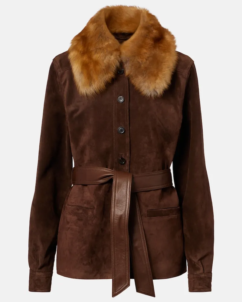 Saint Laurent Jacke aus Veloursleder mit Shearling und Gürtel Braun