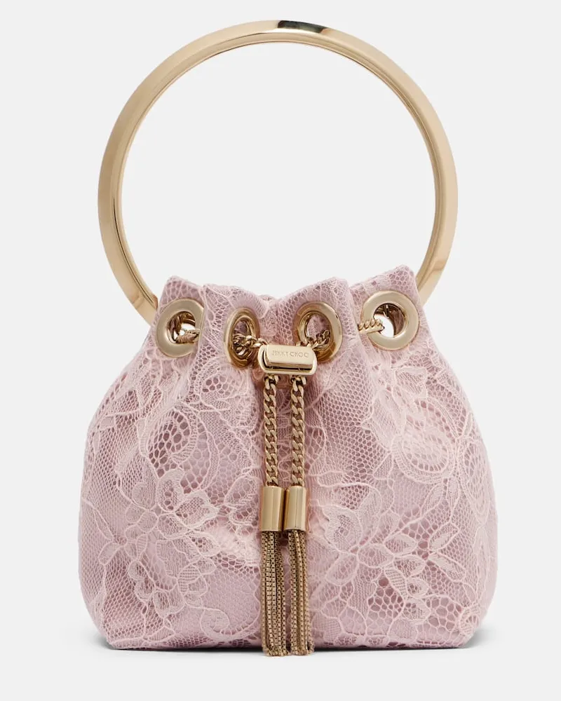 Jimmy Choo Bucket Bag Bon Bon Micro aus Satin und Spitze Rosa
