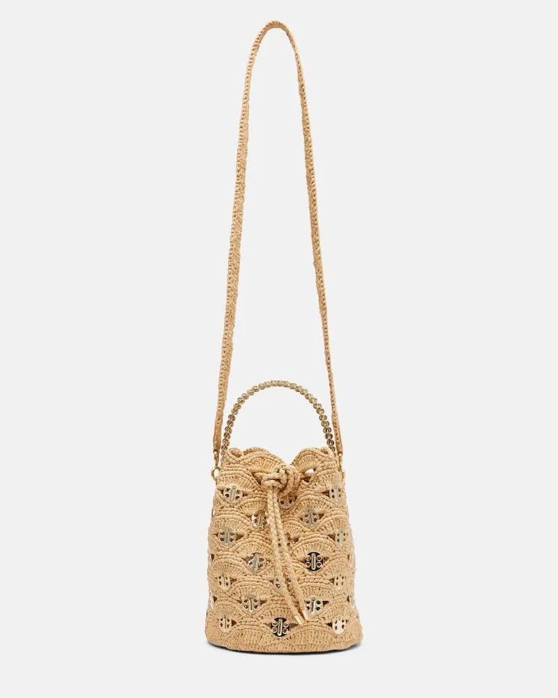 Paco Rabanne Verzierte Bucket Bag aus Raffiabast Beige