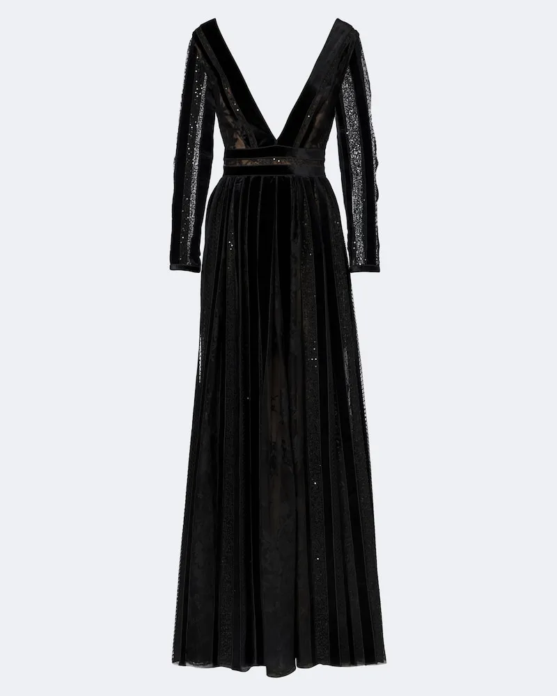 COSTARELLOS Robe Malena aus Samt mit Spitze und Pailletten Schwarz