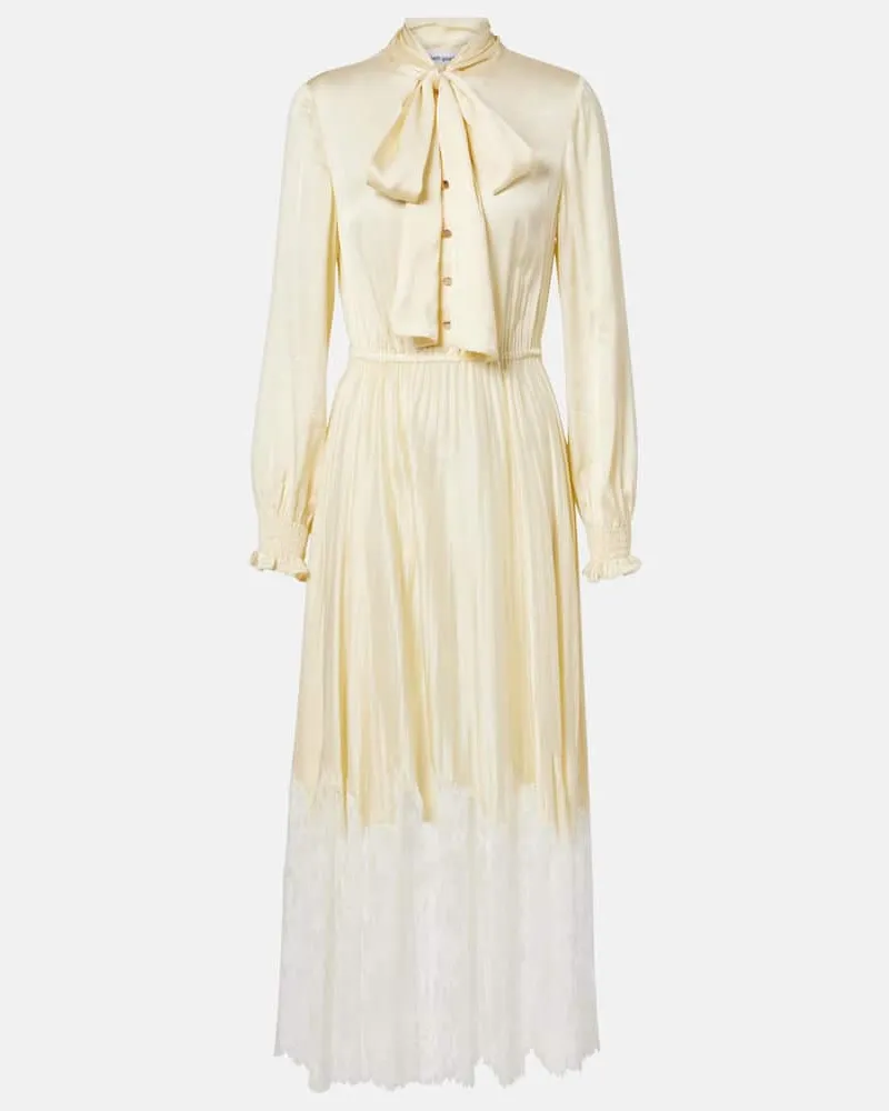 Self-Portrait Midikleid aus Satin mit Spitze Gelb