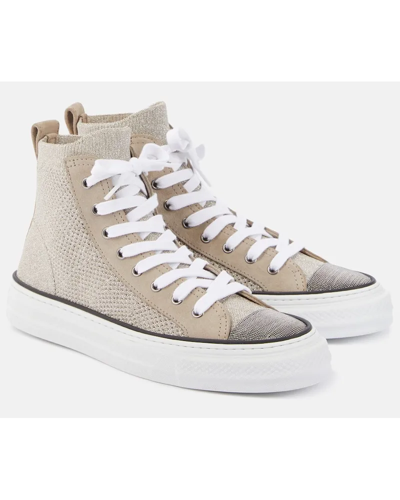 Brunello Cucinelli Verzierte High-Top Sneakers mit Leder Beige